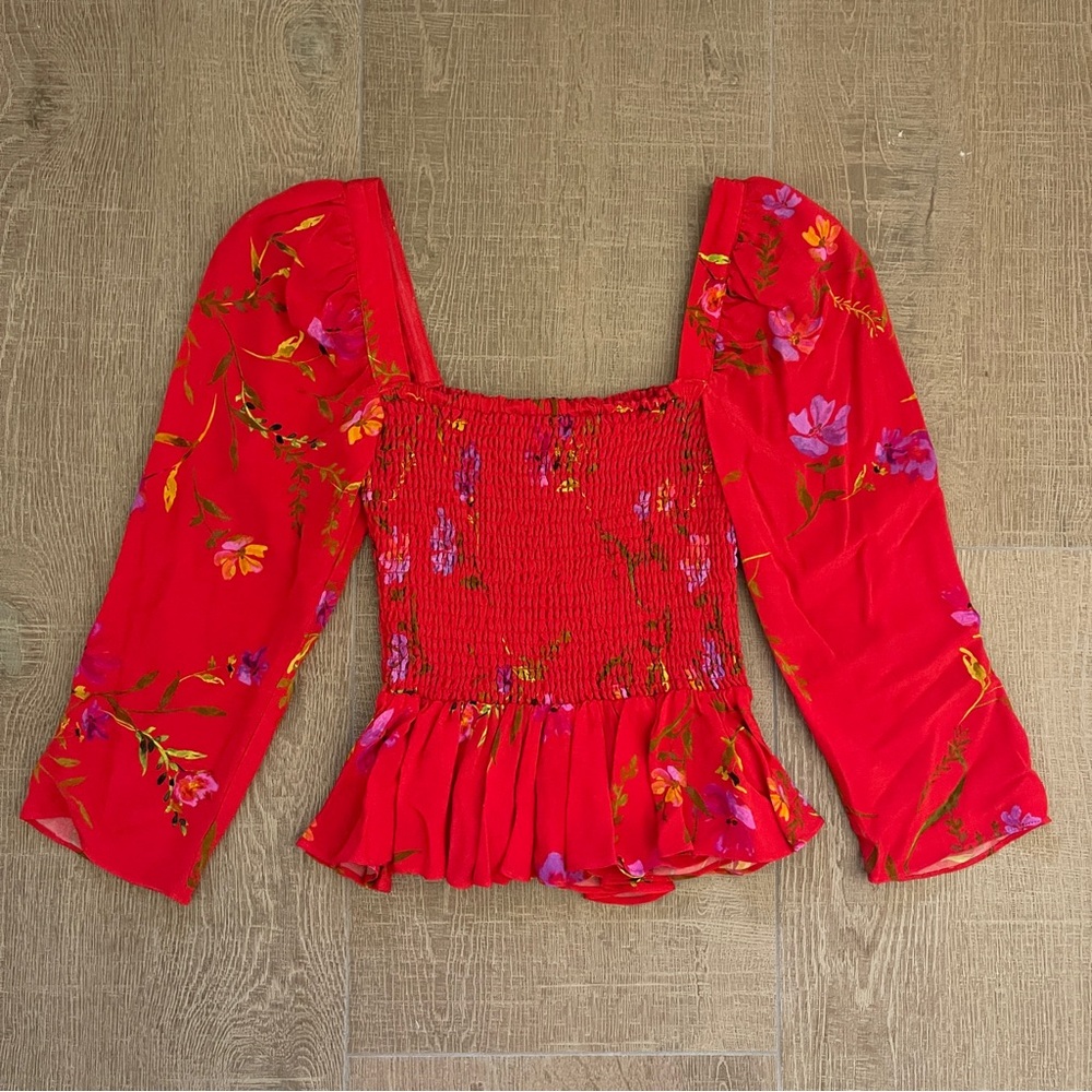 Lovers + Friends Red Floral Smocked Blouse